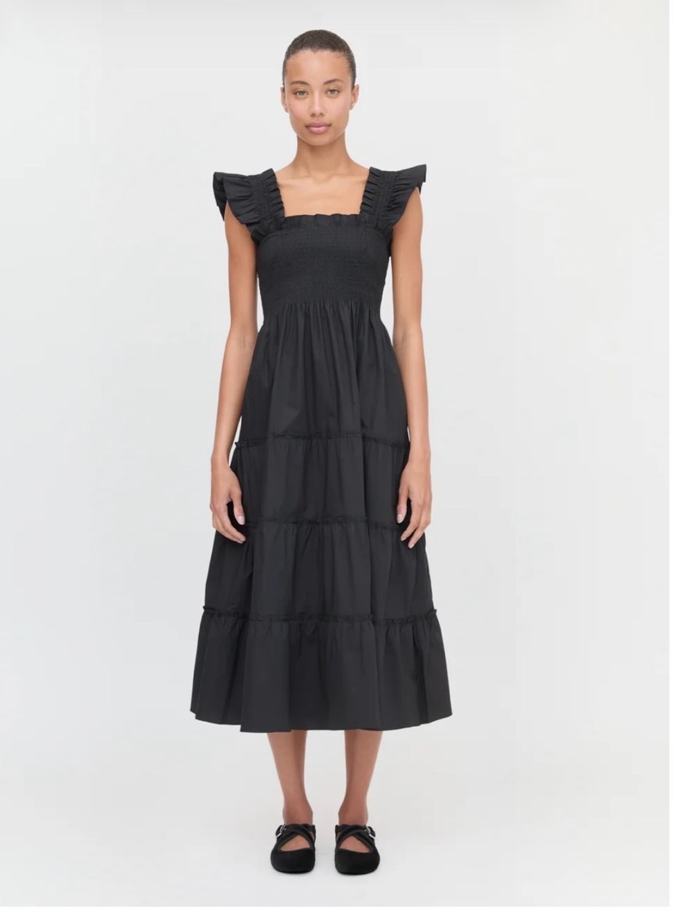 Hill House Black Ruffled Strap Smocked Midi Dress